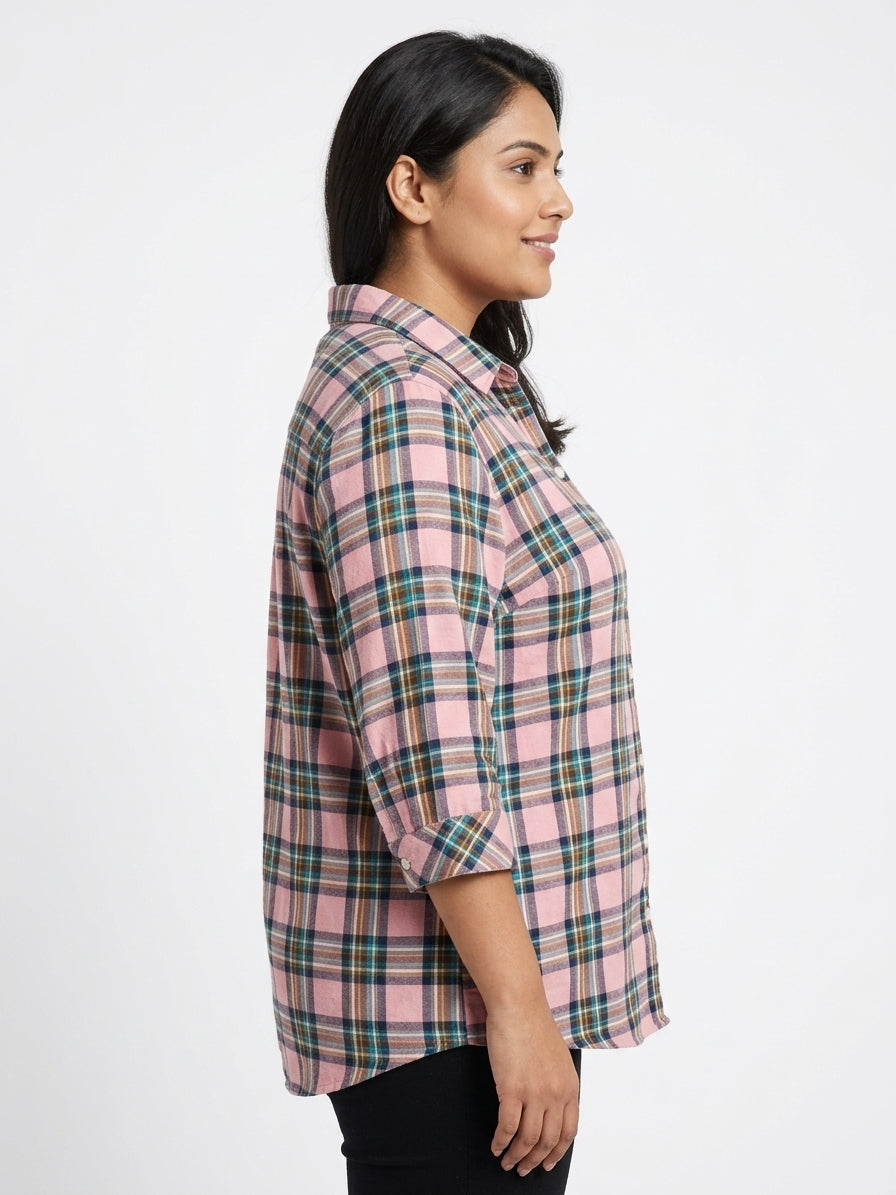 HENNY Women's Pink and Blue Plaid Flannel Shirt, XL