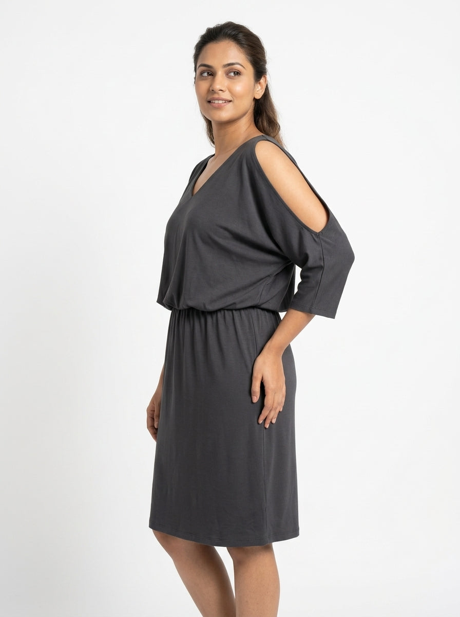 Women's Charcoal V-Neck Cold Shoulder Dress