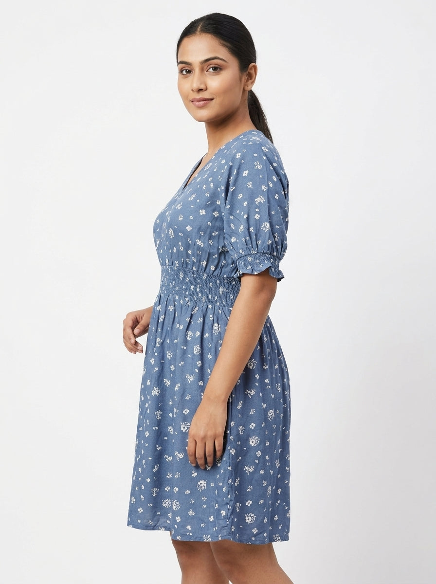 Women's Blue Floral Print V-Neck Casual Dress