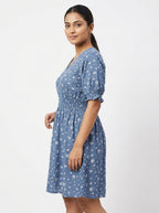 Women's Blue Floral Print V-Neck Casual Dress