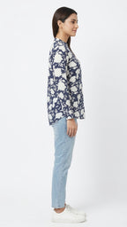 Women's Navy Blue & White Floral Print Casual Top