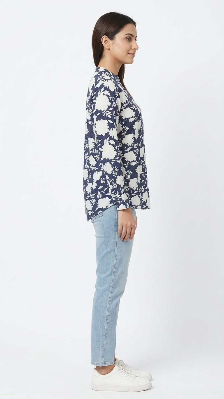 Women's Navy Blue & White Floral Print Casual Top