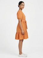 Orange Textured Puff Sleeve Tiered Dress