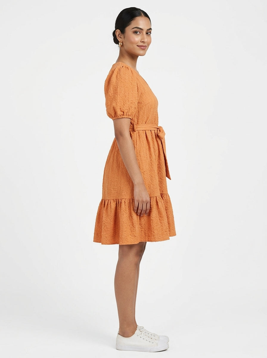 Orange Textured Puff Sleeve Tiered Dress