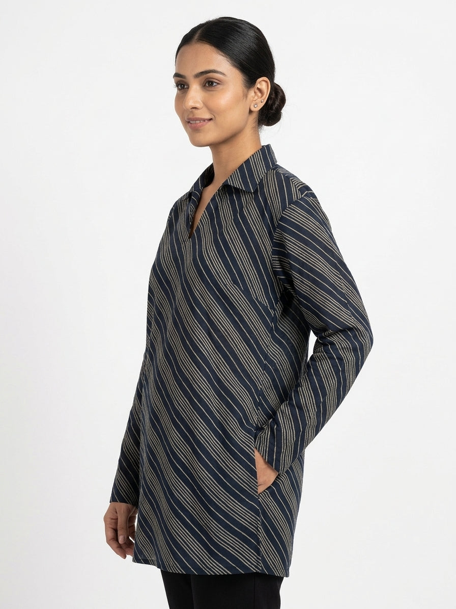Navy Striped Relaxed Fit V-Neck Tunic Top
