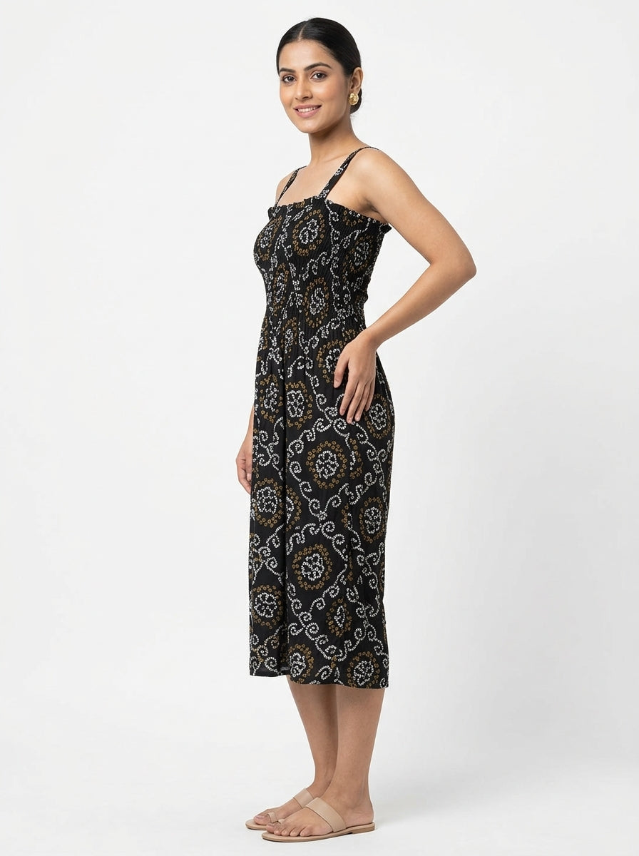 Women's Black Patterned Smocked Strappy Dress