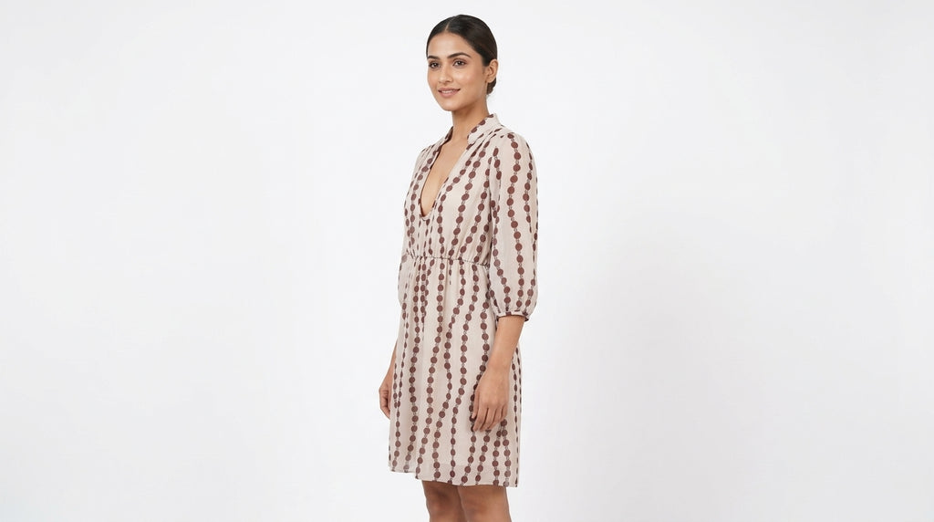 Cream Chain Print V-Neck Midi Dress