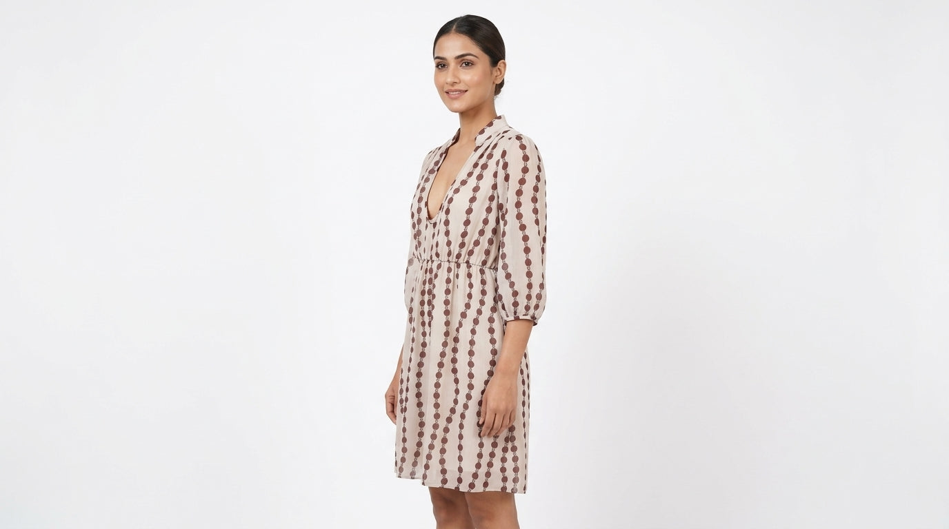 Cream Chain Print V-Neck Midi Dress