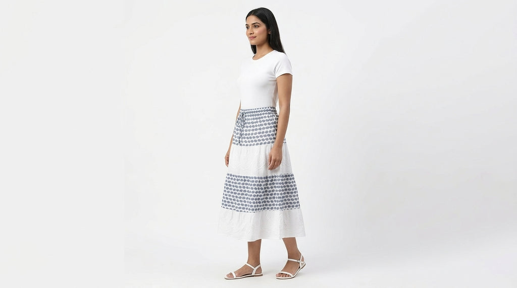 White & Blue Patterned Casual Skirt