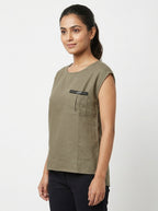 Women's Khaki Sleeveless Round Neck Top