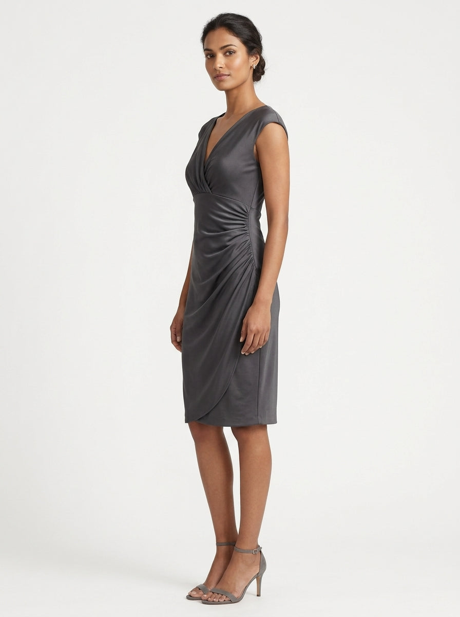Charcoal Draped V-Neck Slim Fit Dress