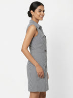 Women's Black & White Gingham Sleeveless Collared Dress
