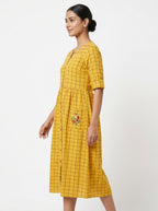 Yellow Checkered Button-Down Casual Dress