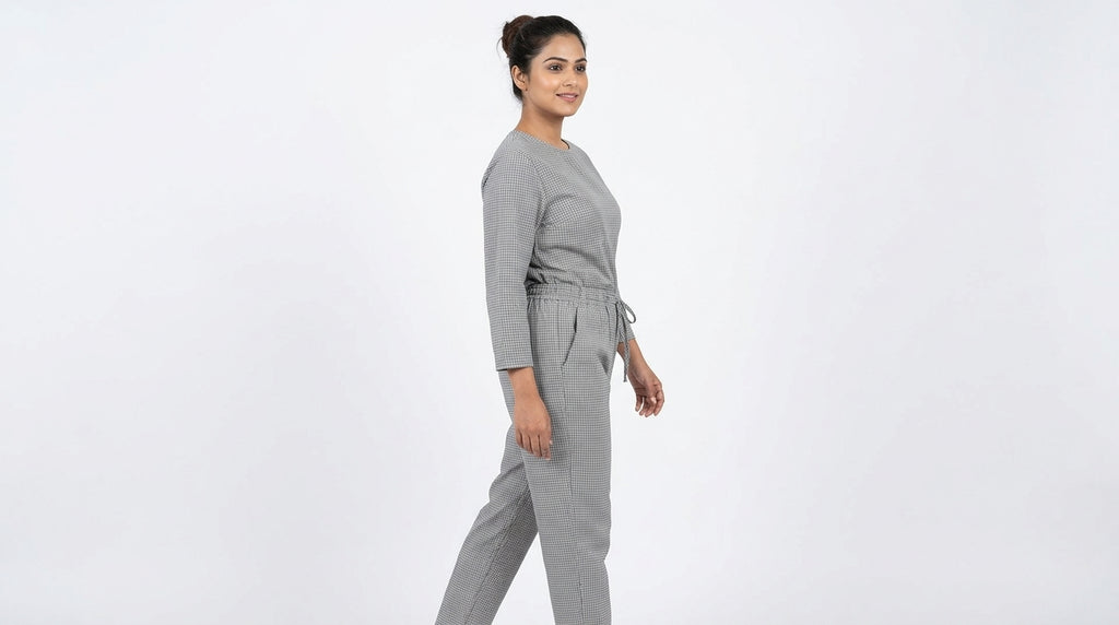 Grey Checkered Elastic Waist Trousers