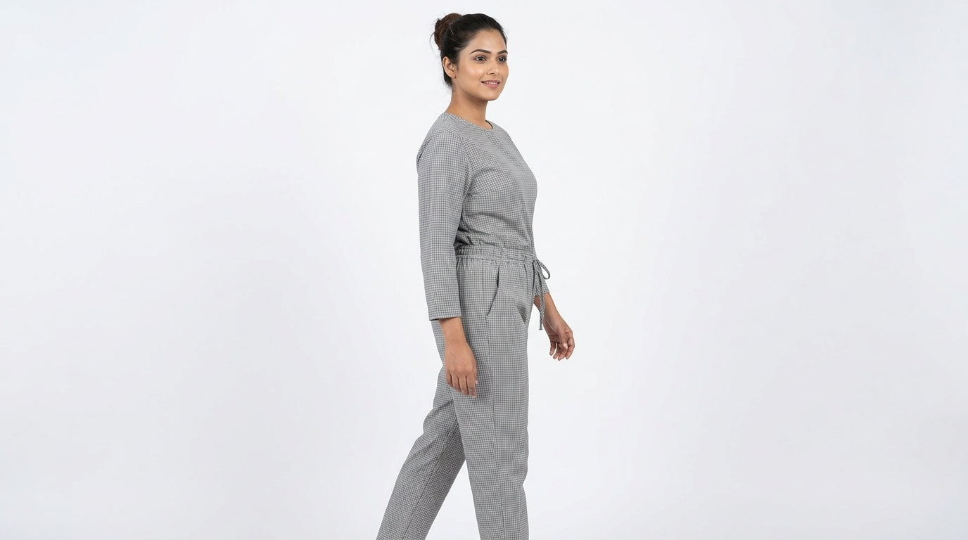 Grey Checkered Elastic Waist Trousers