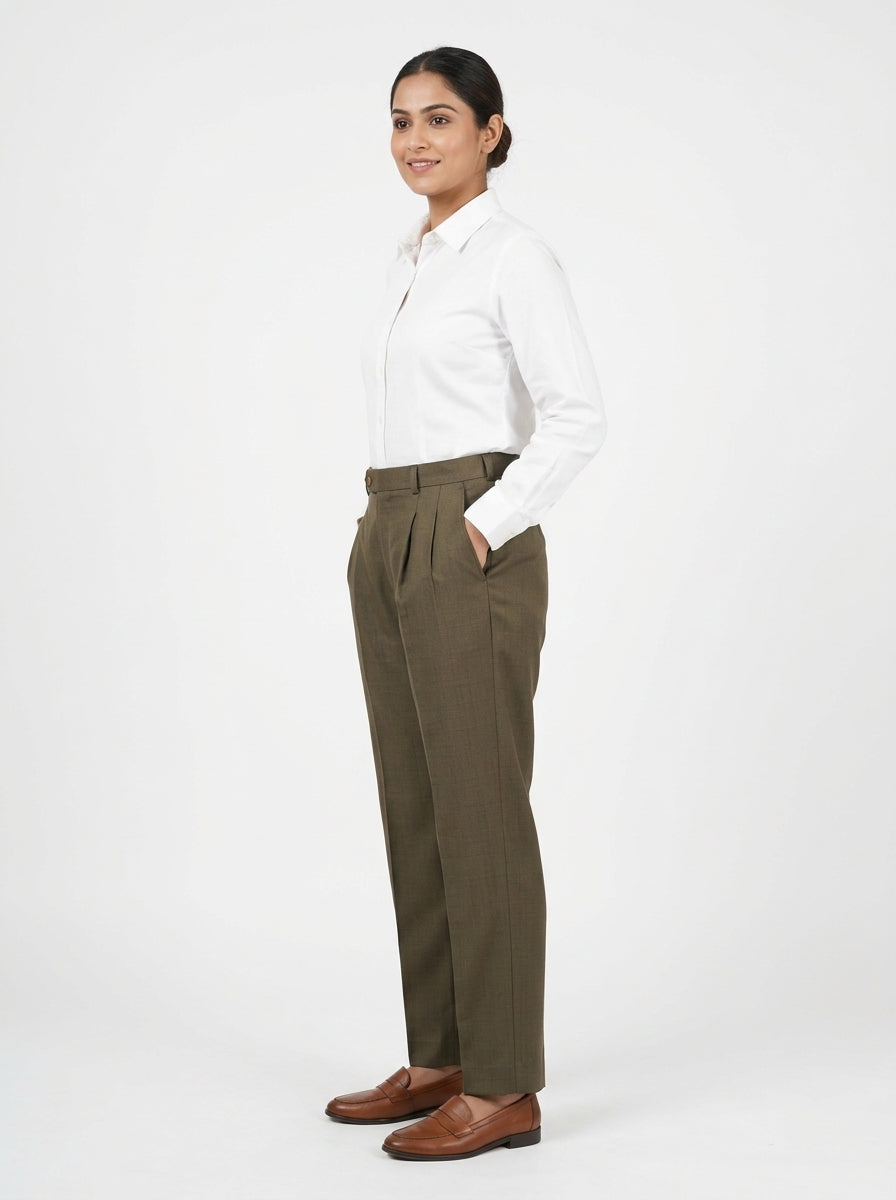 Olive Pleated Regular Fit Trousers