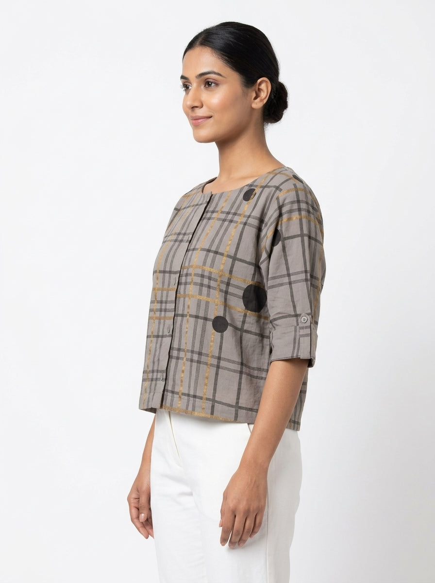Women's Grey Plaid & Polka Dot Casual Top