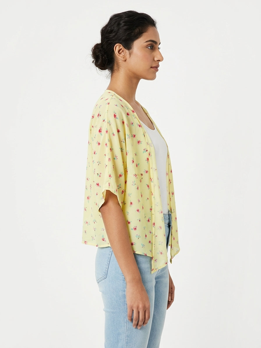 Women's Yellow Floral Print Shrug