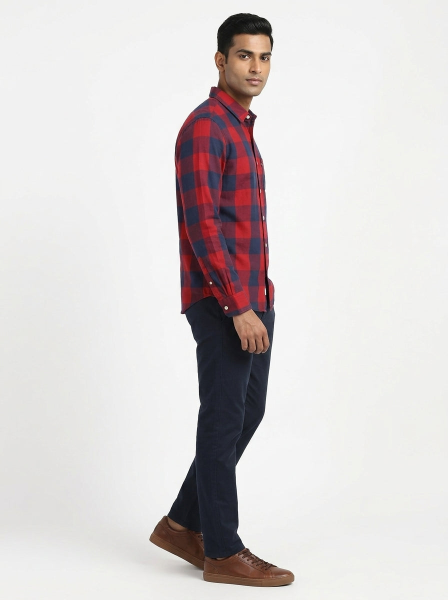 Red & Navy Plaid Long Sleeve Casual Shirt