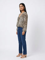 Beige Leopard Print V-Neck Blouse