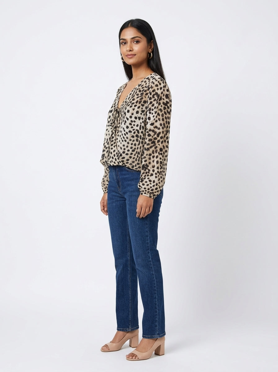 Beige Leopard Print V-Neck Blouse