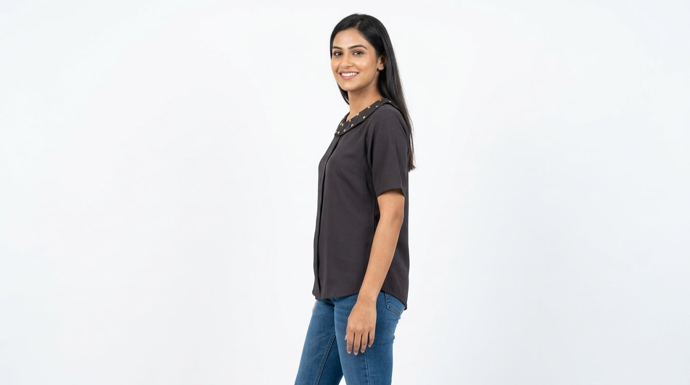 Women's Charcoal Studded Collar Short Sleeve Top