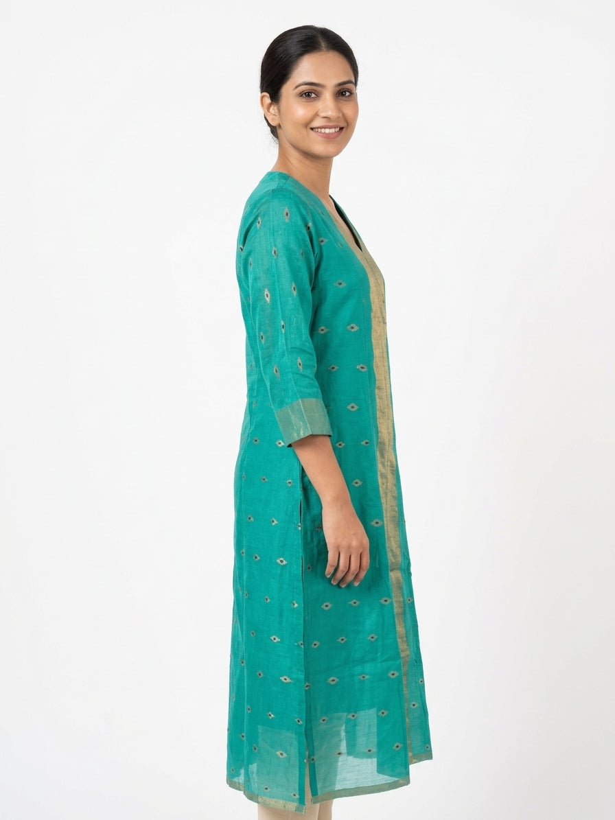Teal Green V-Neck Kurti with Gold Print Detail