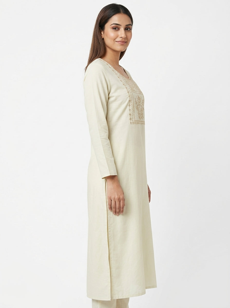 Cream Embroidered Round Neck Kurti