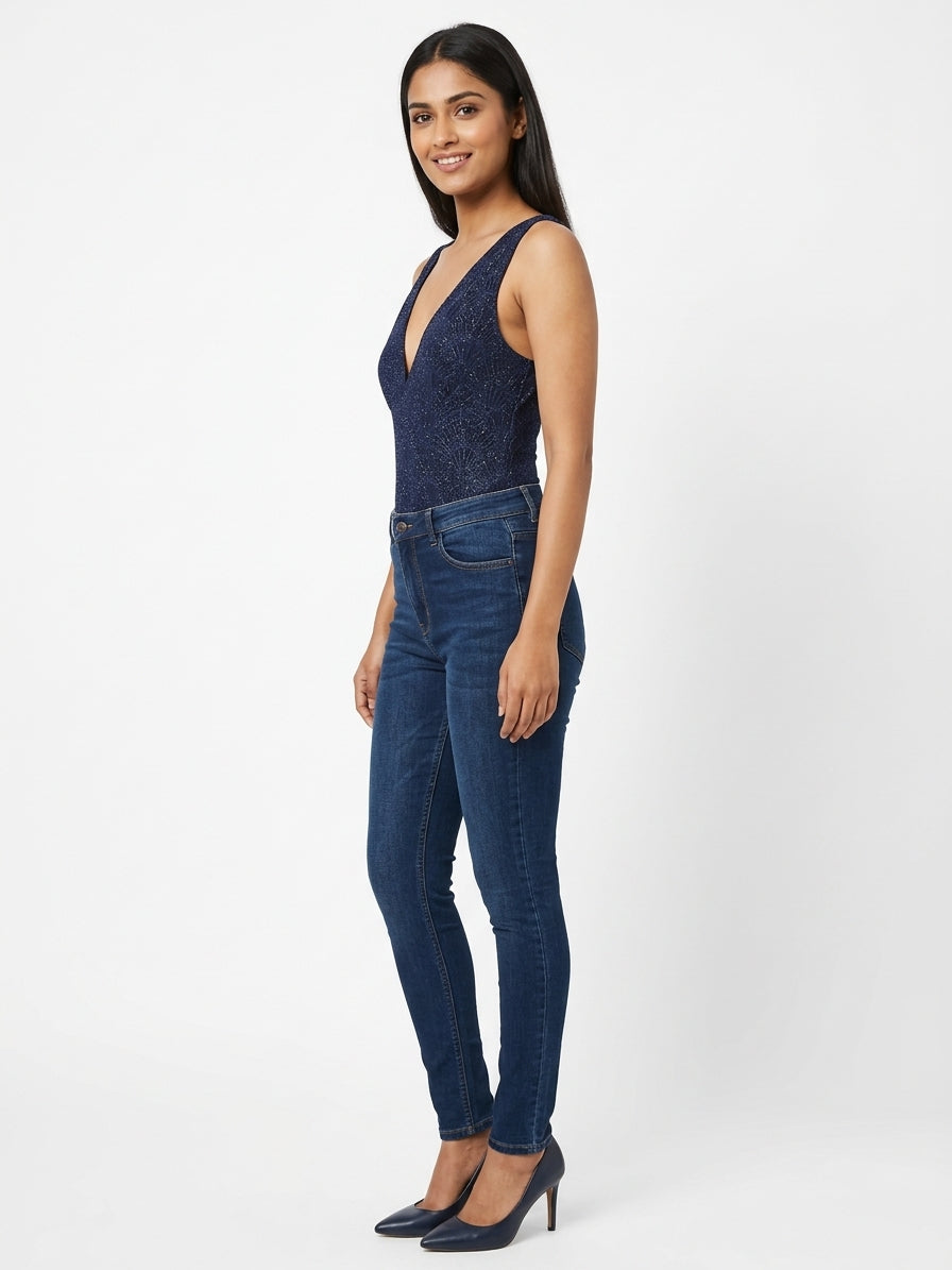Navy Shimmer V-Neck Bodysuit
