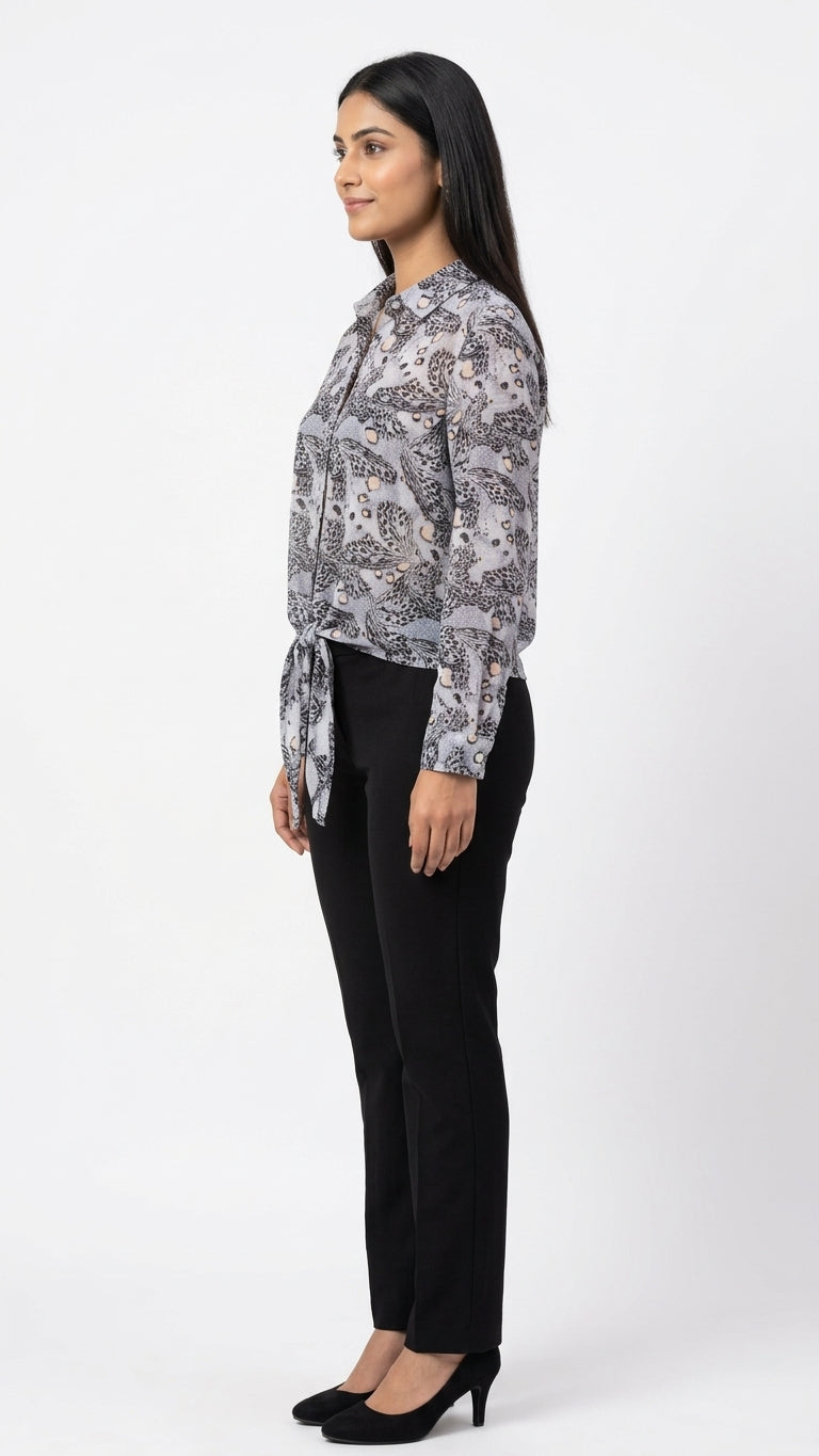 Grey Patterned Long Sleeve Tie-Hem Top
