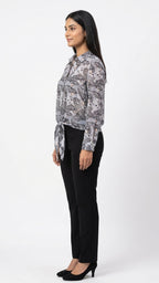 Grey Patterned Long Sleeve Tie-Hem Top