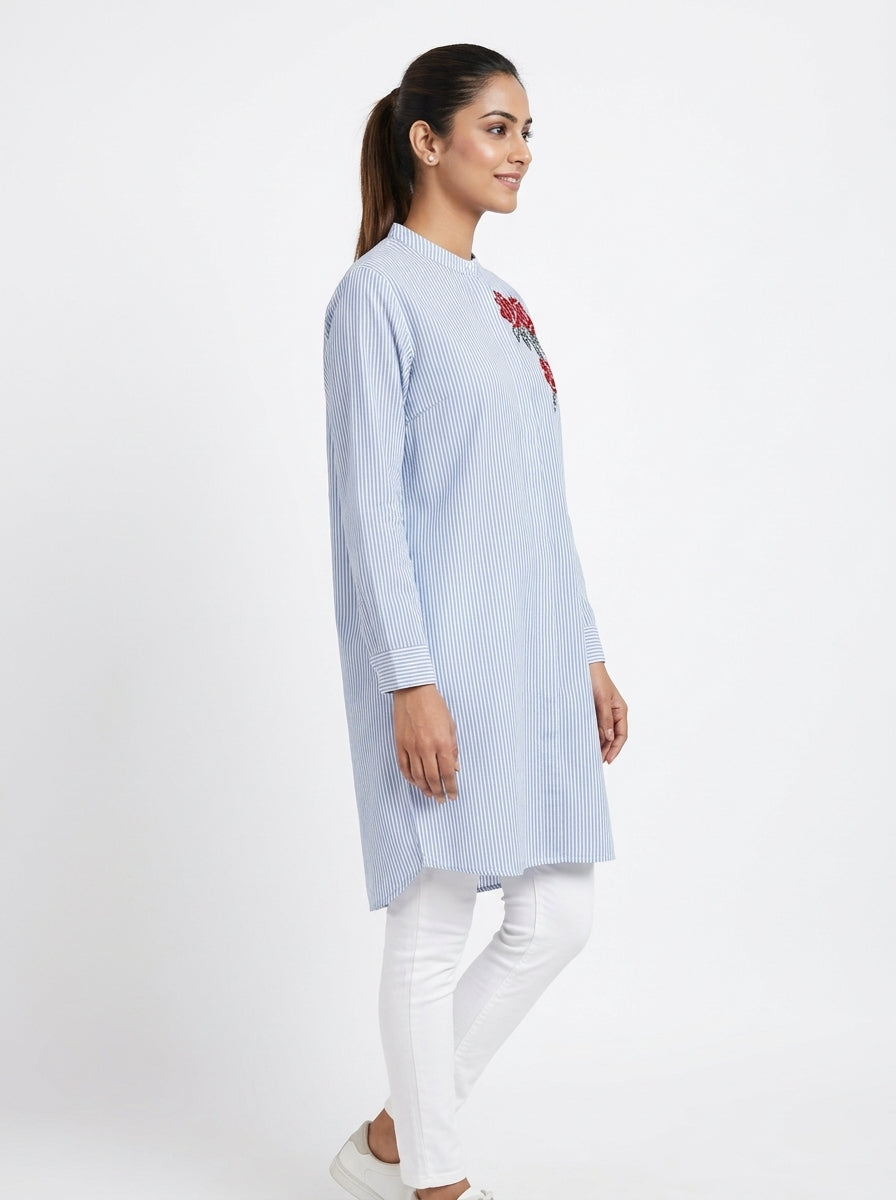 Blue Striped Embroidered Tunic Top