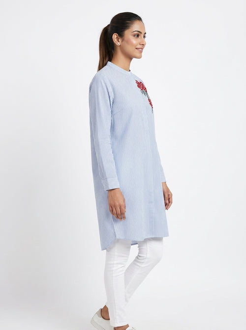 Blue Striped Embroidered Tunic Top