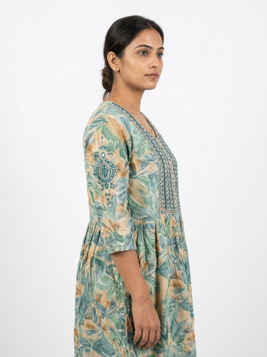 Women's Teal Floral Print Embroidered Maxi Dress