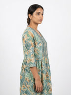 Women's Teal Floral Print Embroidered Maxi Dress