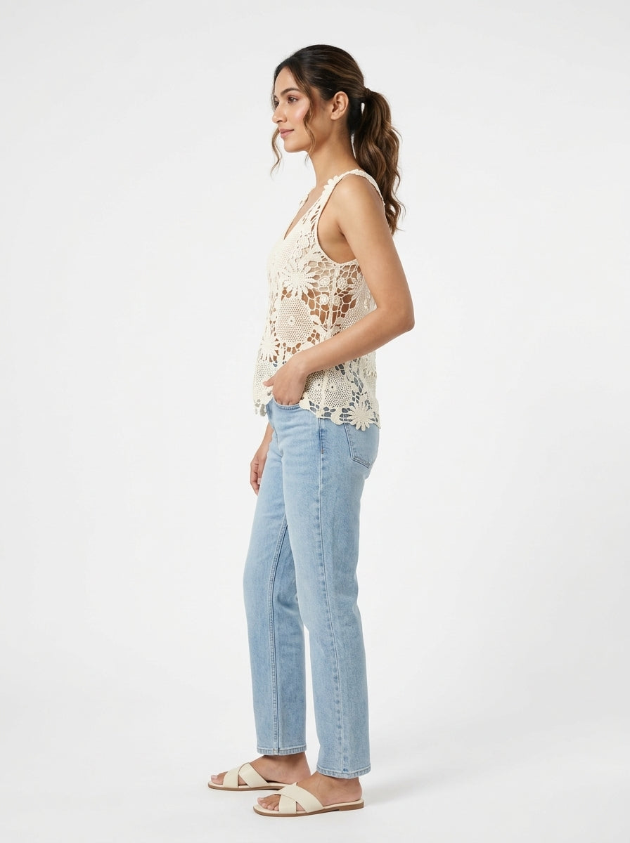 Women's Cream Crochet Knit Sleeveless Top