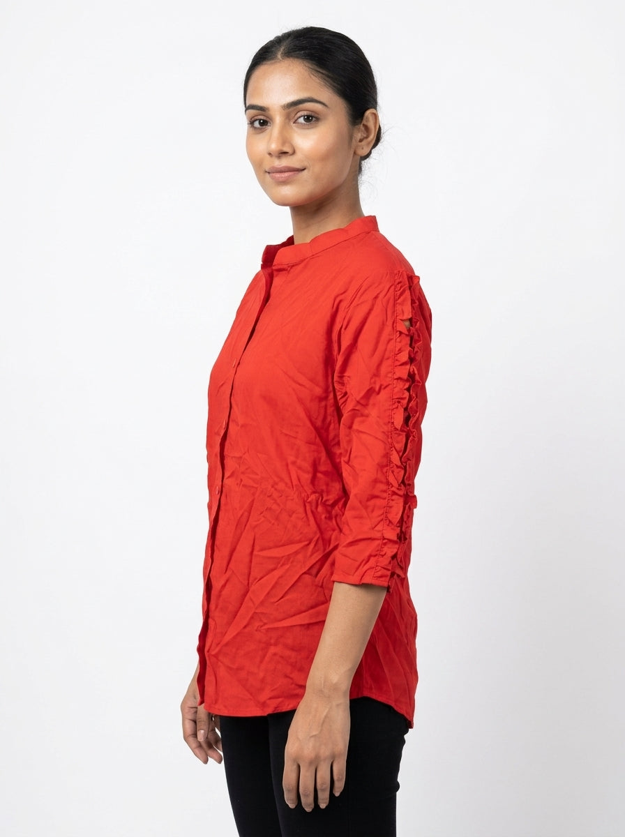 Red Solid Casual Shirt with Ruffled Sleeves
