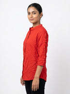 Red Solid Casual Shirt with Ruffled Sleeves