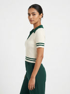 Women's White Ribbed Polo Collar Knit Top