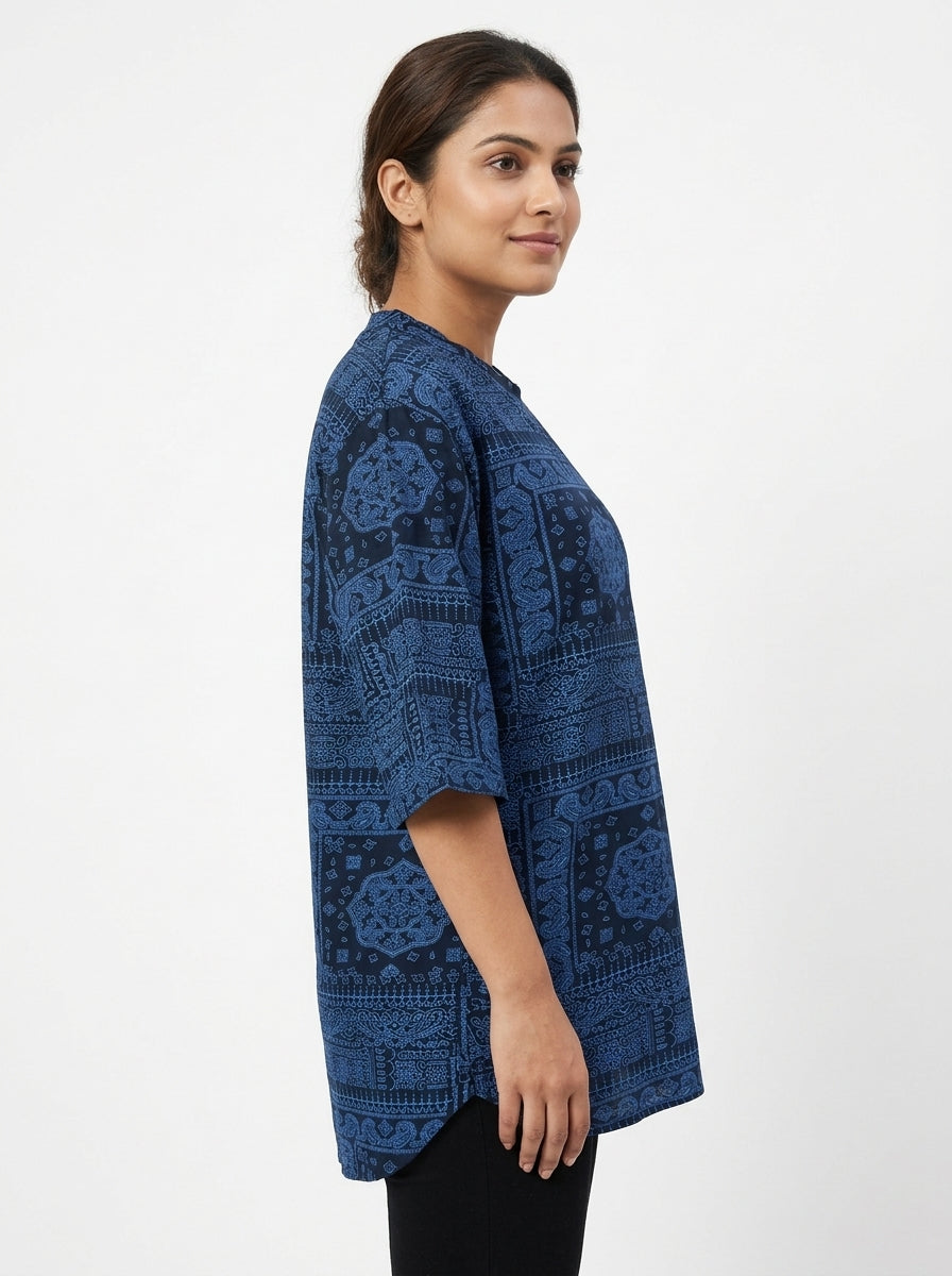 Navy Blue Bandana Print Relaxed Fit T-Shirt