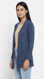 Navy Blue Printed Open Front Shrug