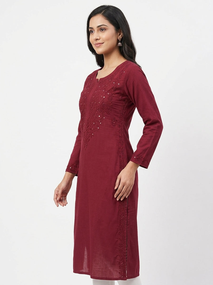 Kurti Casual Burgundy Cotton