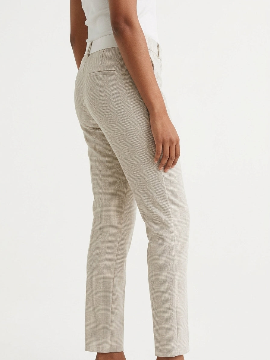 Cream Plaid Regular Fit Trousers