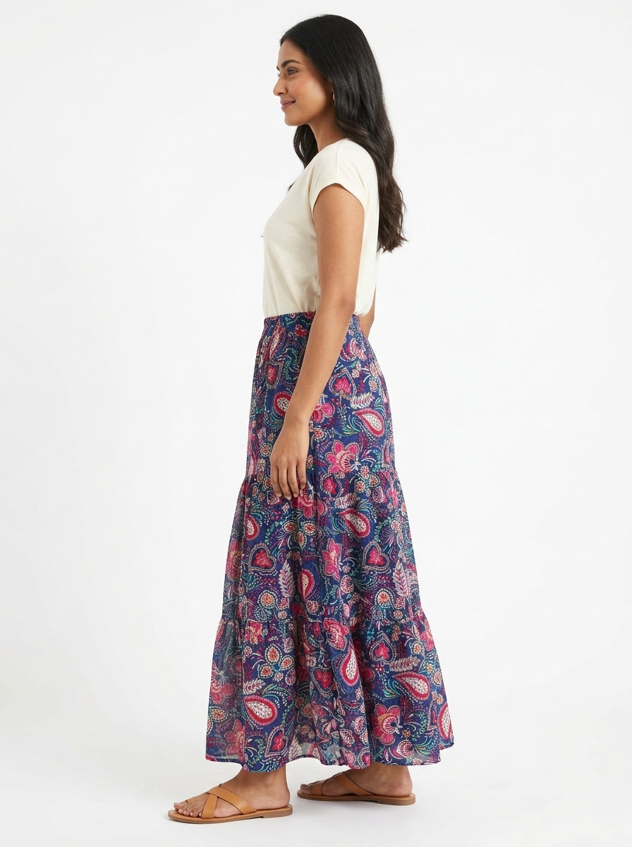 Women's Navy Blue Floral Paisley Print Maxi Skirt