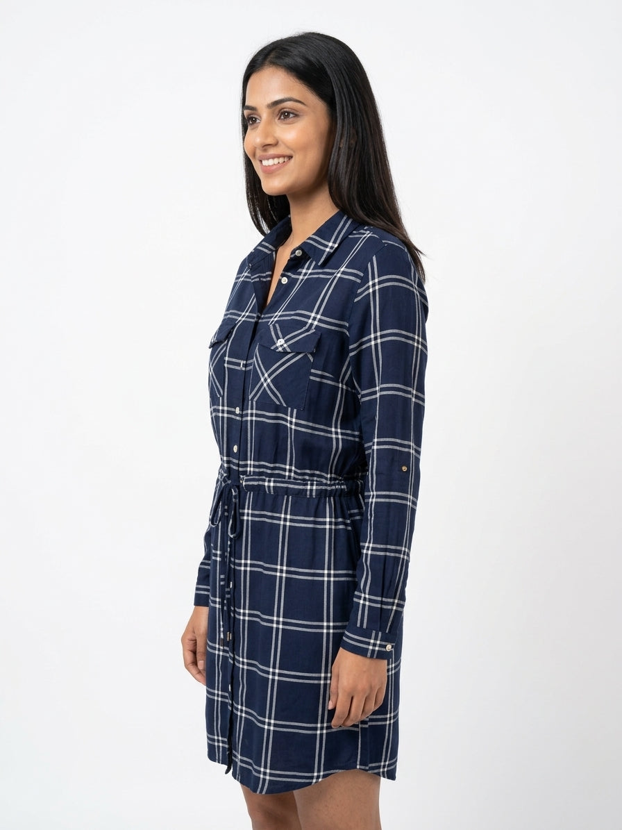 Navy Blue Plaid Drawstring Waist Shirt Dress