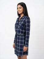 Navy Blue Plaid Drawstring Waist Shirt Dress