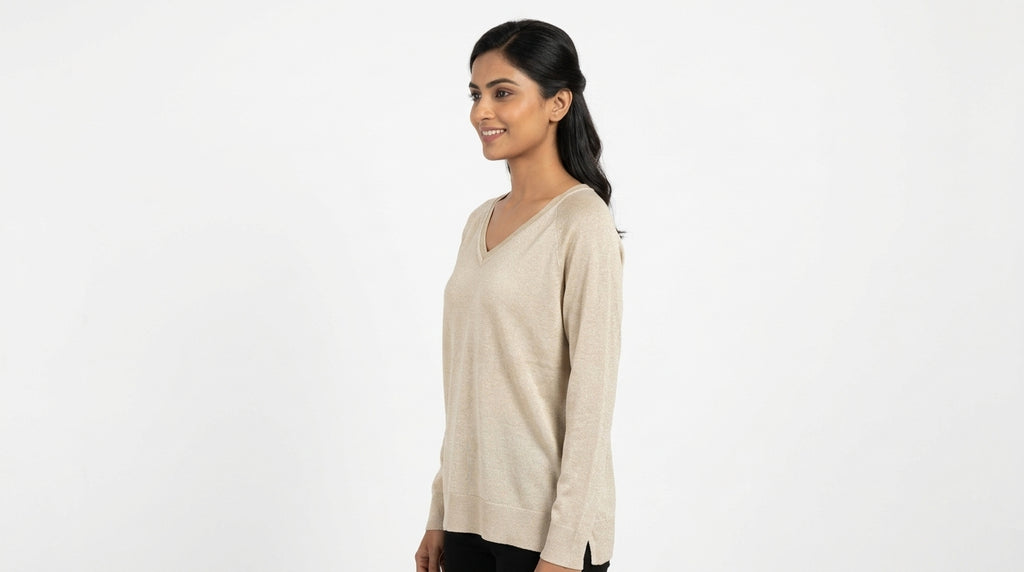 CODE Women's Shimmer Trim Knit Top in Beige/Gold