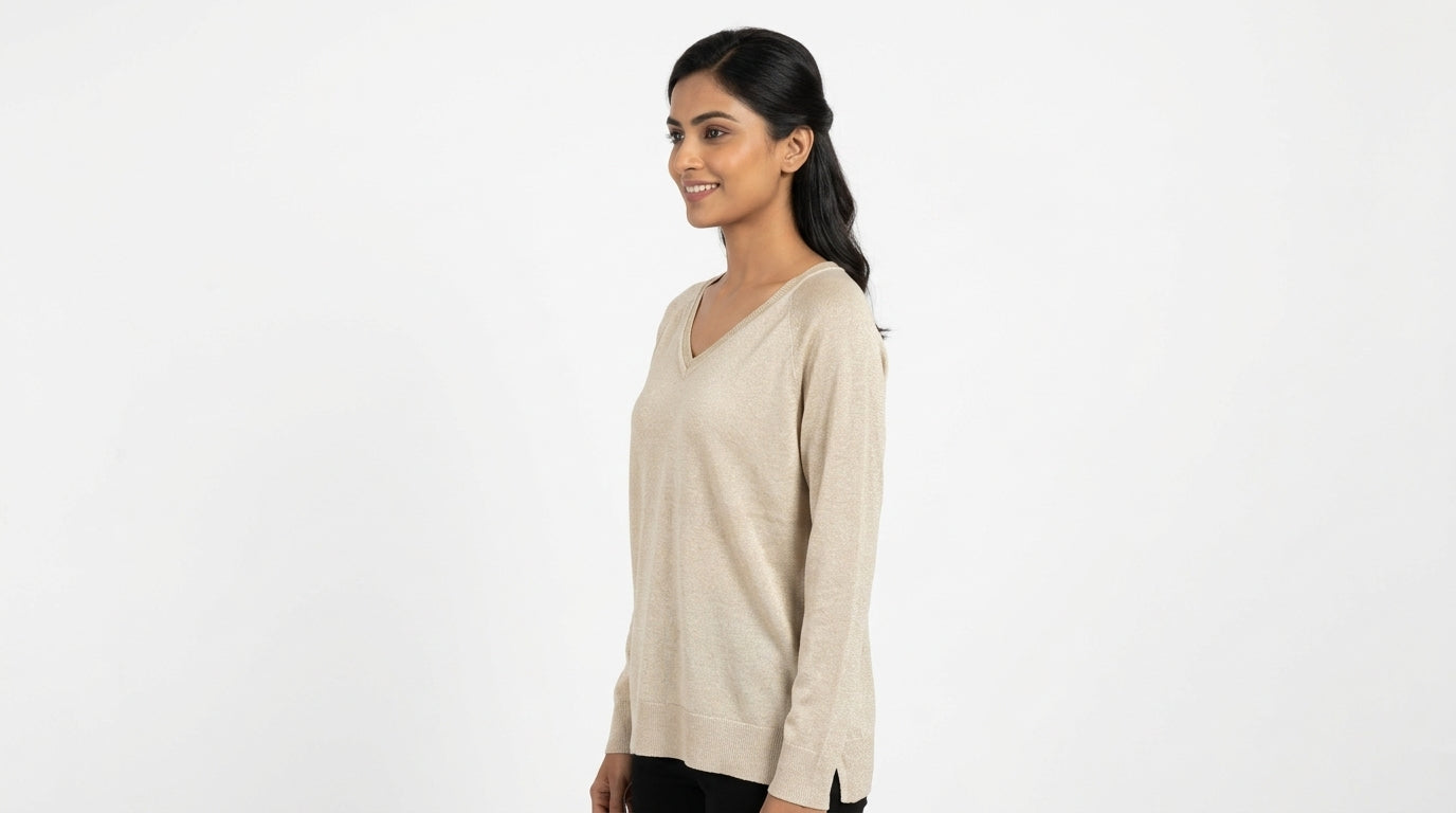 CODE Women's Shimmer Trim Knit Top in Beige/Gold