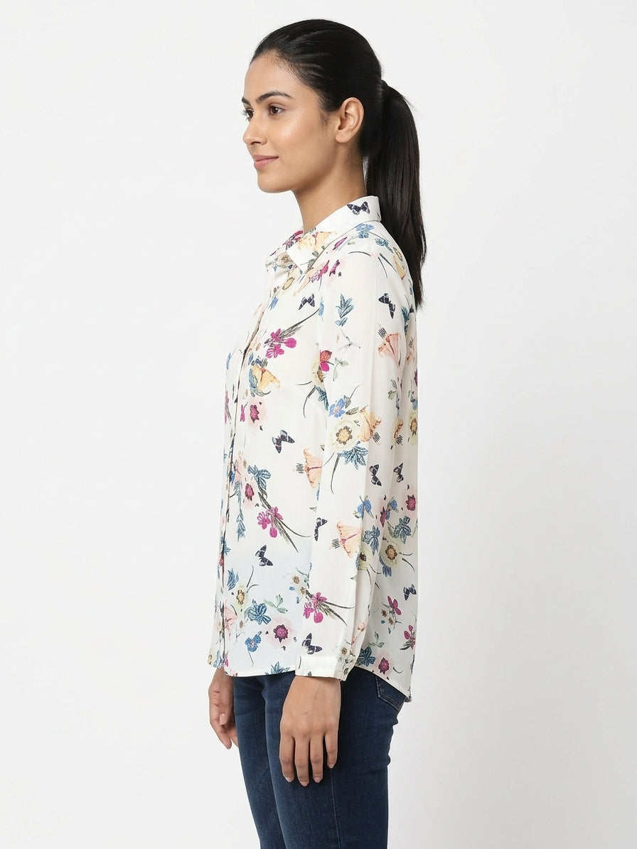 Women's White Floral & Butterfly Print Long Sleeve Casual Shirt