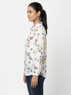 Women's White Floral & Butterfly Print Long Sleeve Casual Shirt